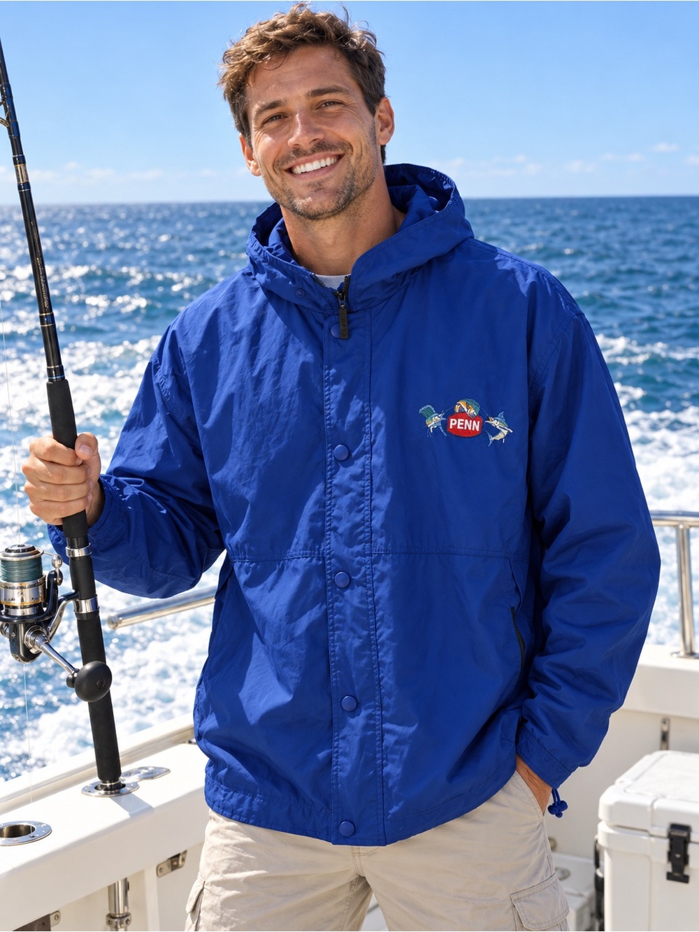 Penn Blue Hooded Fishing Jacket Windbreaker Mesh Lined XL